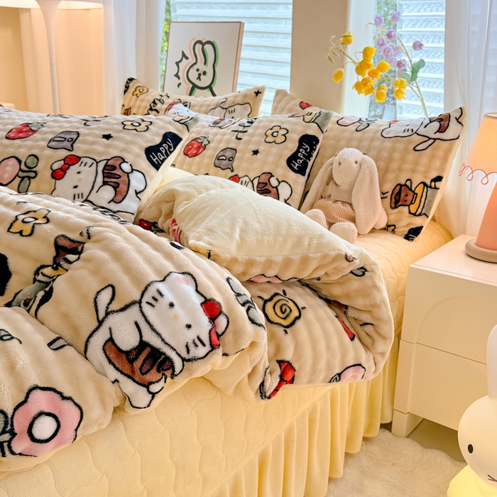 91家纺网 家纺一手货源 找家纺 金盛皇朝家纺 2025新款高克重仿兔毛泡泡牛奶绒床单床盖单件三件四件套 快乐猫咪