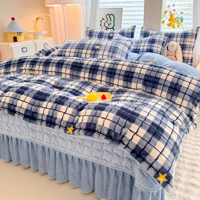 91家纺网 家纺一手货源 找家纺 金盛皇朝家纺 2025新款高克重仿兔毛泡泡牛奶绒床单床盖单件三件四件套 蓝格星语