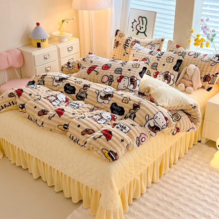 91家纺网 家纺一手货源 找家纺 金盛皇朝家纺 2025新款高克重仿兔毛泡泡牛奶绒床单床盖单件三件四件套 快乐猫咪