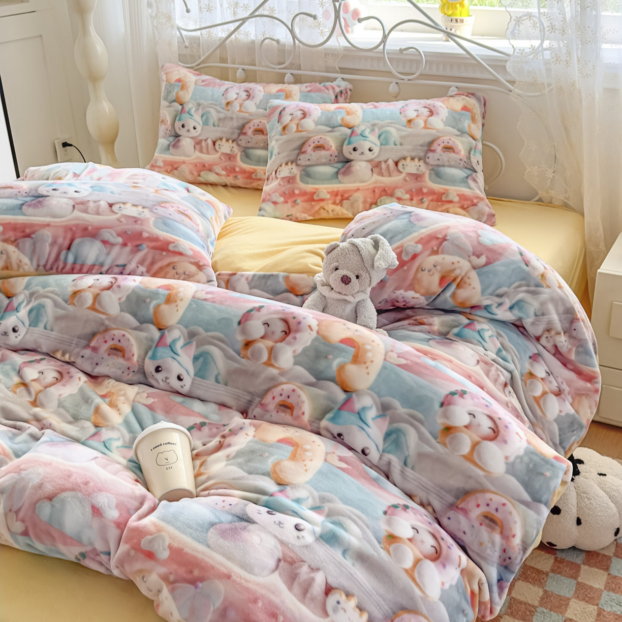 91家纺网 家纺一手货源 找家纺 潮邦创意家居 2025新款5D数码牛奶绒印花系列四件套 甜甜圈
