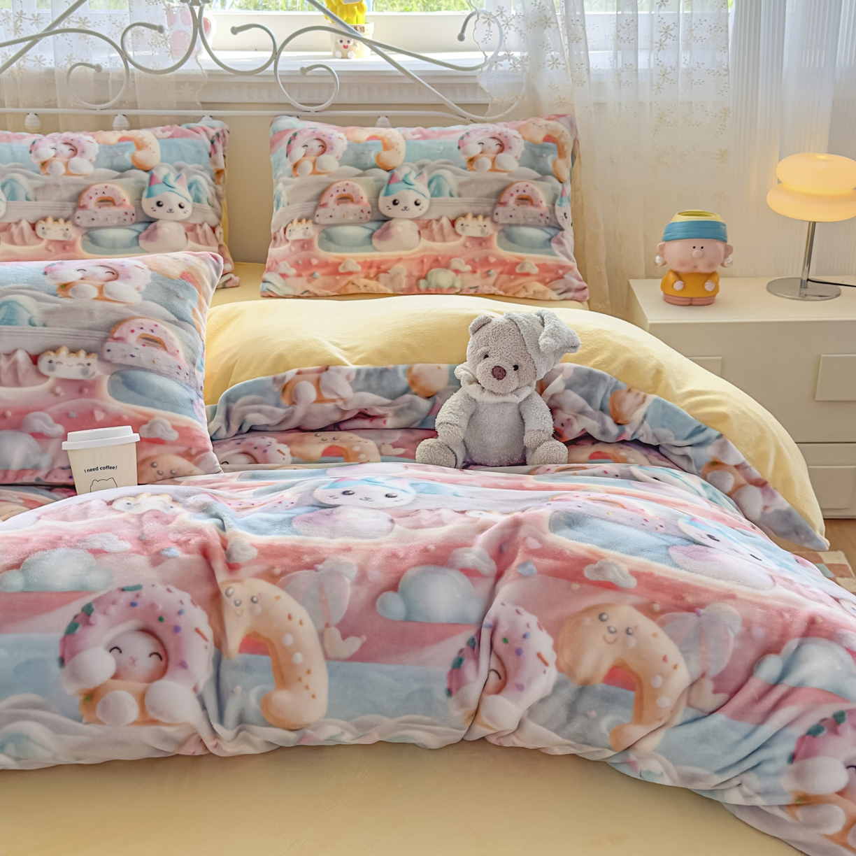 91家纺网 家纺一手货源 找家纺 潮邦创意家居 2025新款5D数码牛奶绒印花系列四件套 甜甜圈