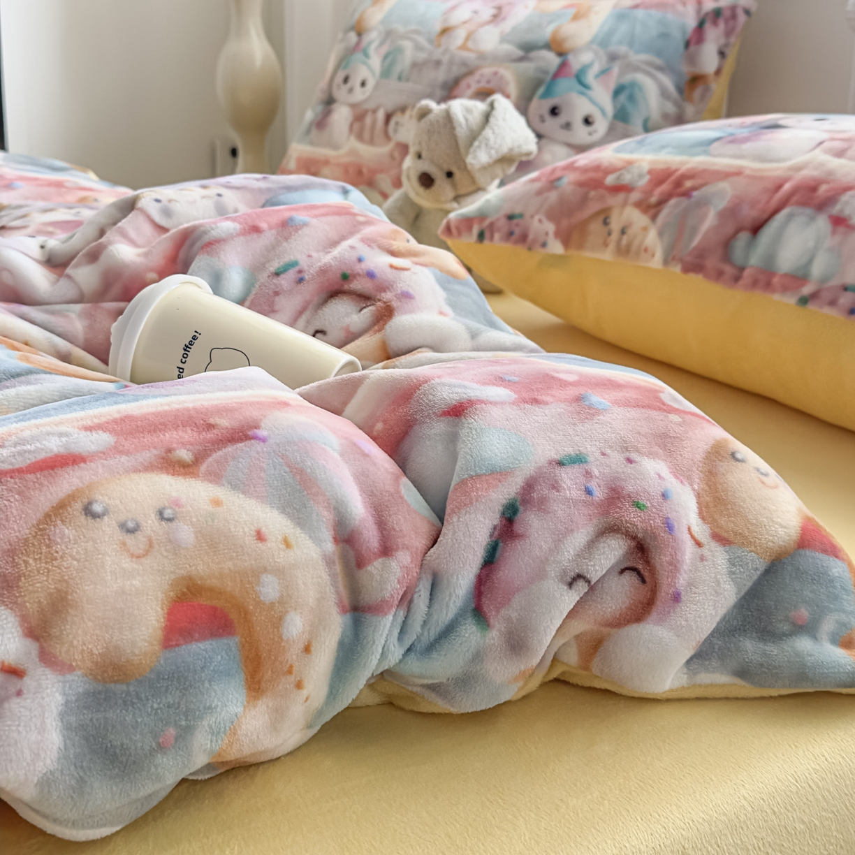 91家纺网 家纺一手货源 找家纺 潮邦创意家居 2025新款5D数码牛奶绒印花系列四件套 甜甜圈