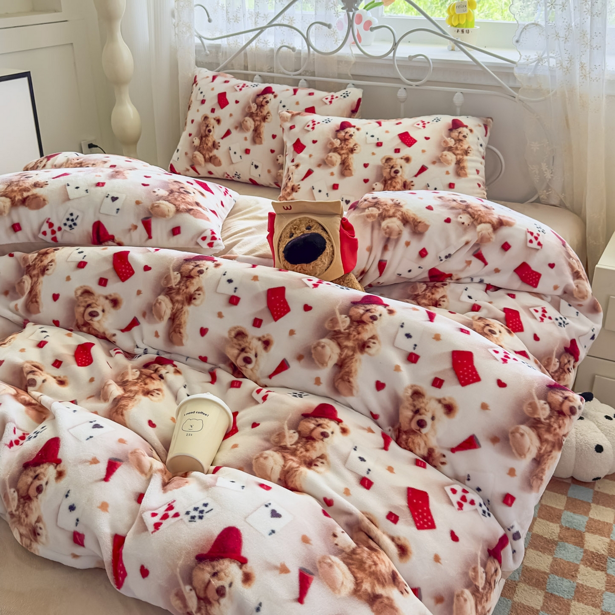 91家纺网 家纺一手货源 找家纺 潮邦创意家居 2025新款5D数码牛奶绒印花系列四件套 卡牌熊