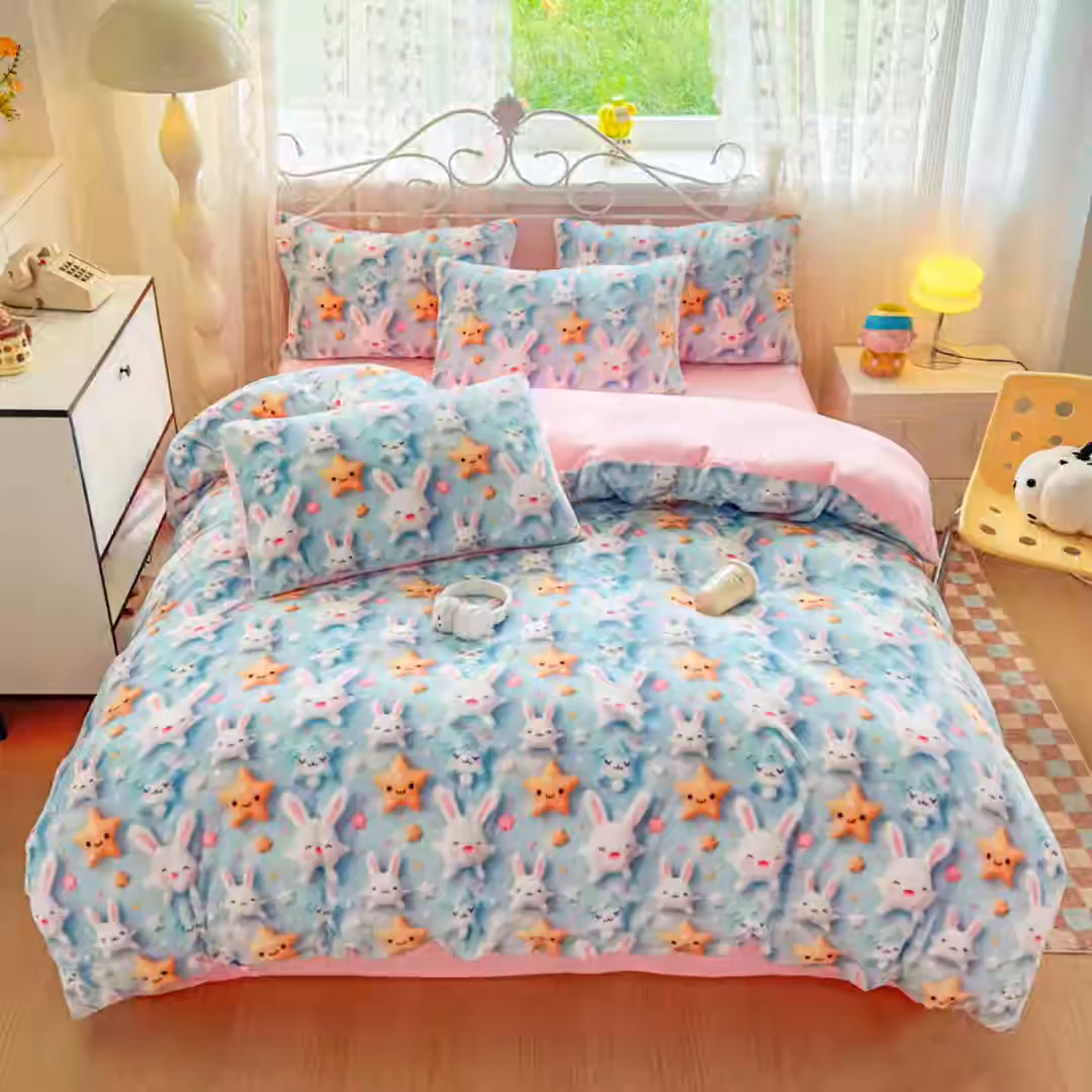 91家纺网 家纺一手货源 找家纺 潮邦创意家居 2025新款5D数码牛奶绒印花系列四件套 巧可