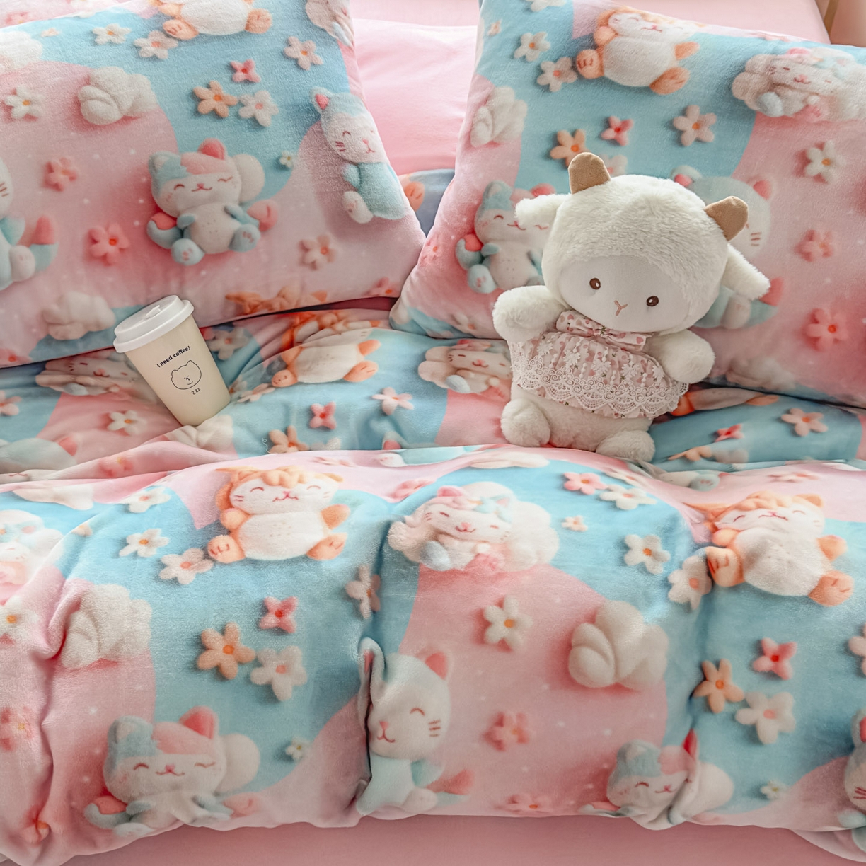 91家纺网 家纺一手货源 找家纺 潮邦创意家居 2025新款5D数码牛奶绒印花系列四件套 糖宝