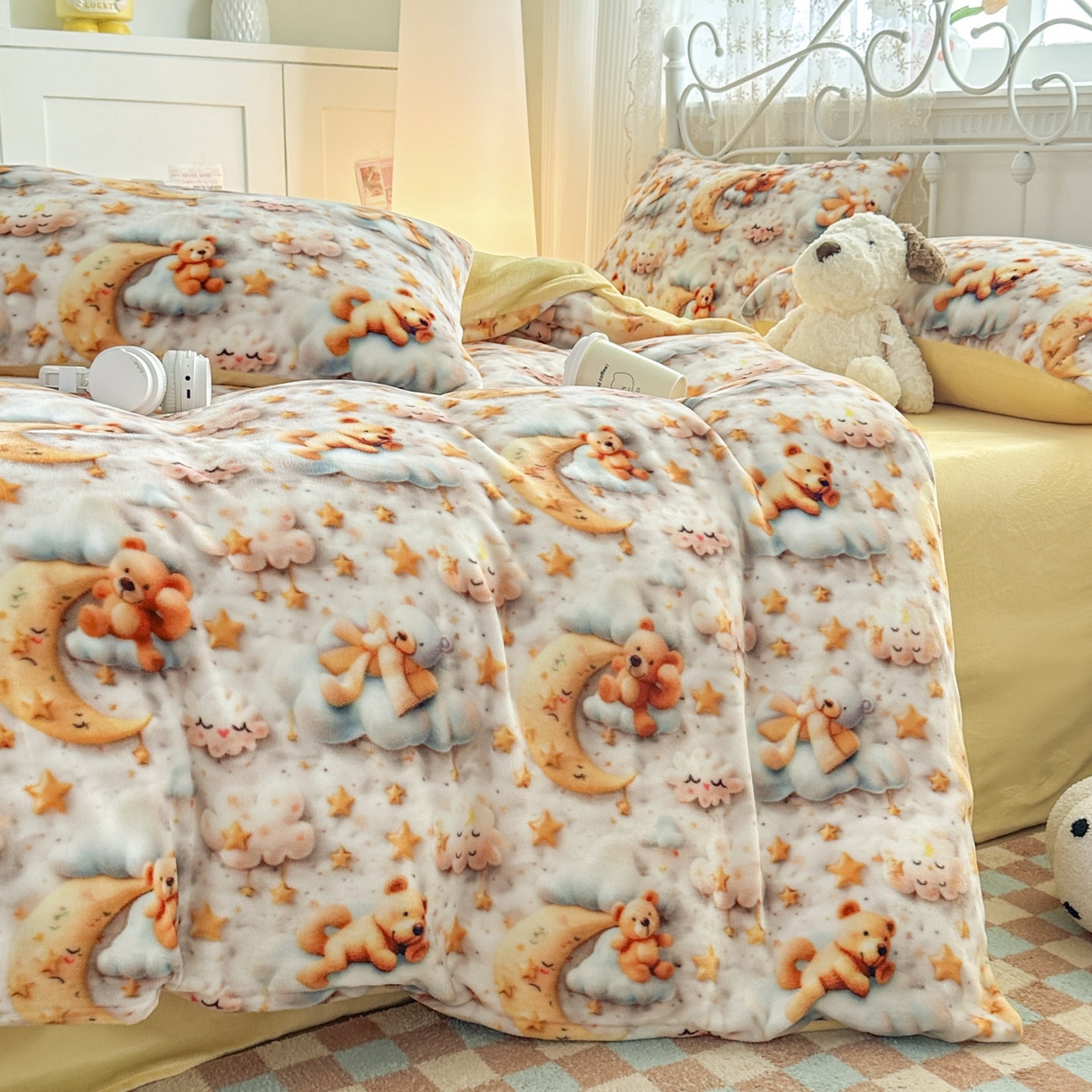 潮邦创意家居 2025新款5D数码牛奶绒印花系列四件套 月亮熊