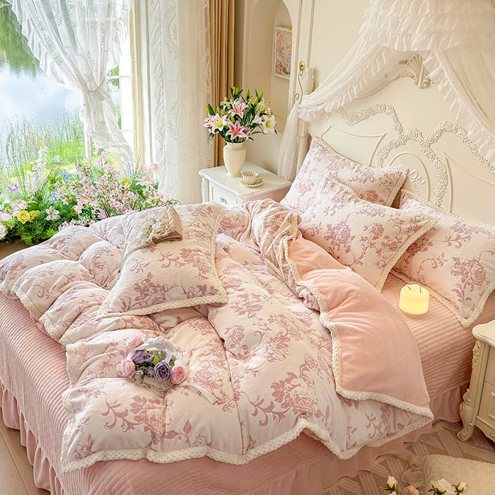 91家纺网 家纺一手货源 找家纺 （总）芷卧 2025新款韩版立体雕花牛奶绒夹棉床盖款四件套