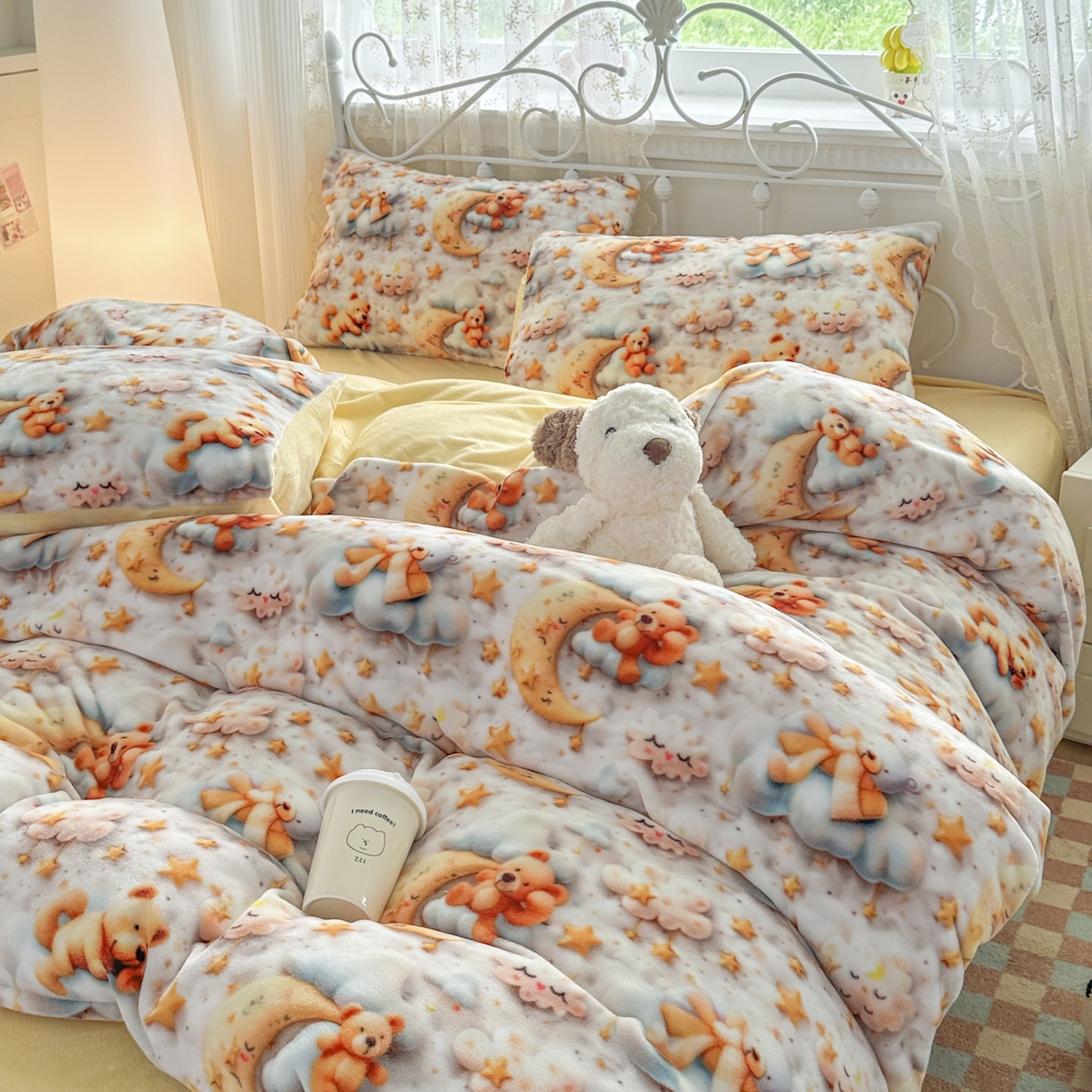 91家纺网 家纺一手货源 找家纺 潮邦创意家居 2025新款5D数码牛奶绒印花系列四件套 月亮熊