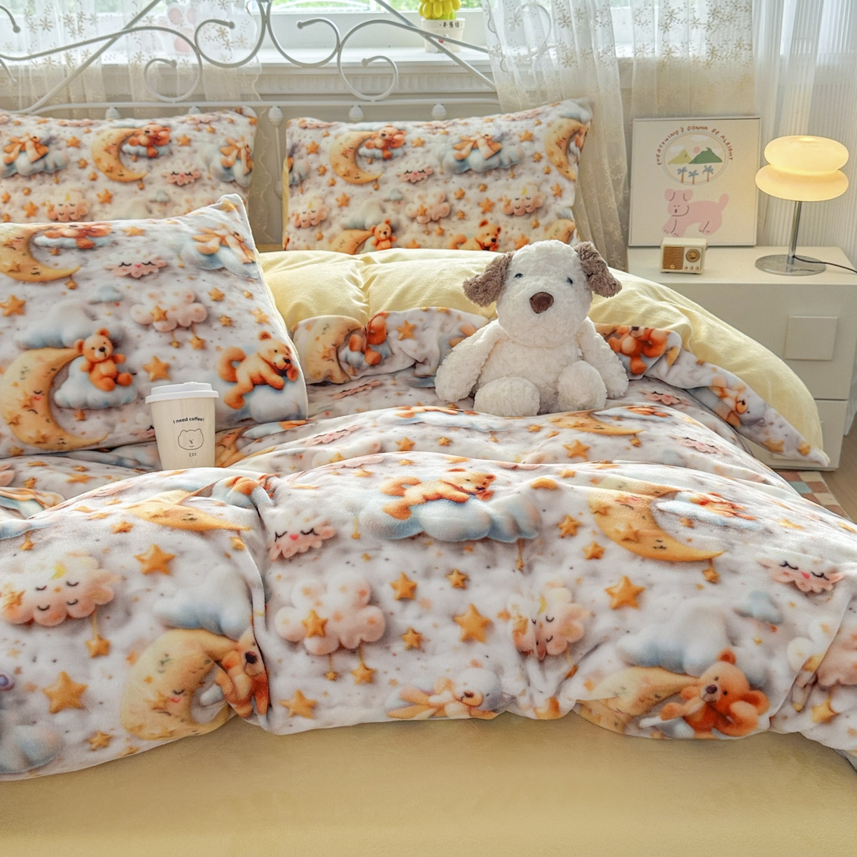 91家纺网 家纺一手货源 找家纺 潮邦创意家居 2025新款5D数码牛奶绒印花系列四件套 月亮熊