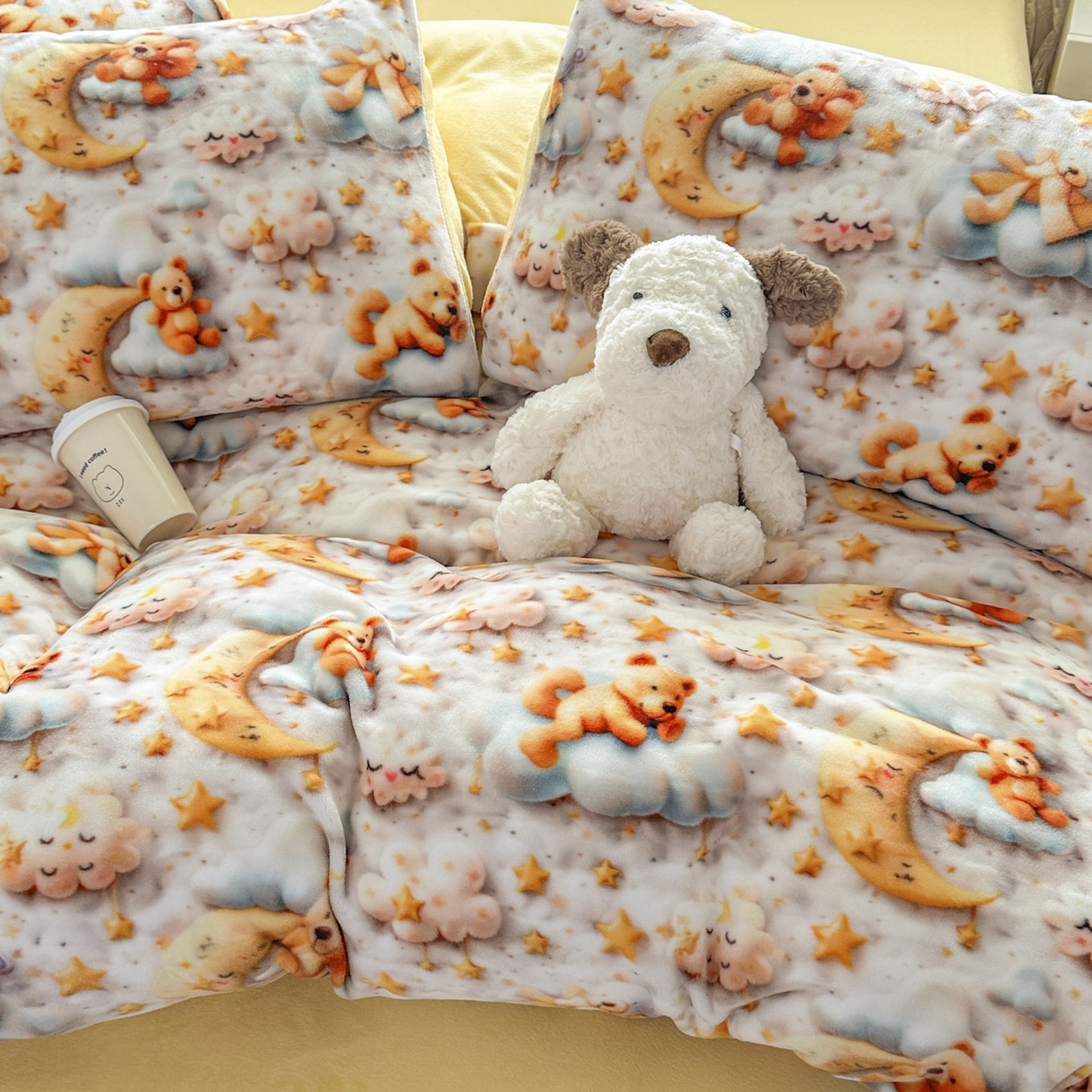 91家纺网 家纺一手货源 找家纺 潮邦创意家居 2025新款5D数码牛奶绒印花系列四件套 月亮熊