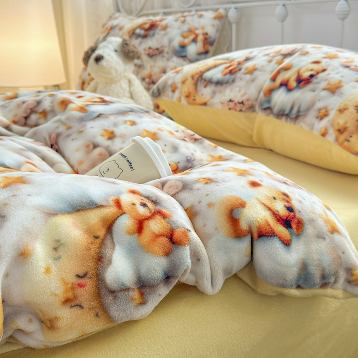 91家纺网 家纺一手货源 找家纺 潮邦创意家居 2025新款5D数码牛奶绒印花系列四件套 月亮熊