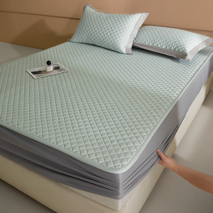 91家纺网 家纺一手货源 找家纺 由有家居 2025新品60S全棉长绒棉绗缝夹棉大豆纤维床垫床褥平铺款床笠款三件套 床笠-海盐绿