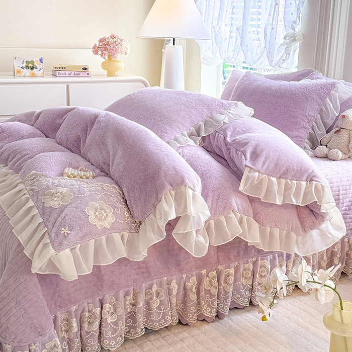 唐人居 2025新款高克重兔毛绒花边夹棉床盖四件套-满满爱 满满爱-浅紫