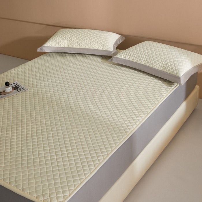 91家纺网 家纺一手货源 找家纺 由有家居 2025新品60S全棉长绒棉绗缝夹棉大豆纤维床垫床褥平铺款床笠款三件套 床笠-奶油米