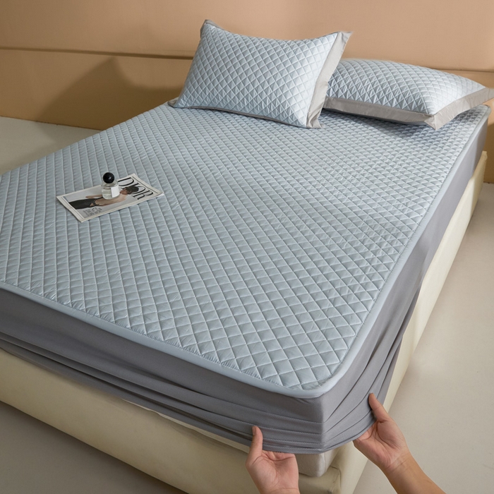 由有家居 2025新品60S全棉长绒棉绗缝夹棉大豆纤维床垫床褥平铺款床笠款三件套 床笠-天清蓝