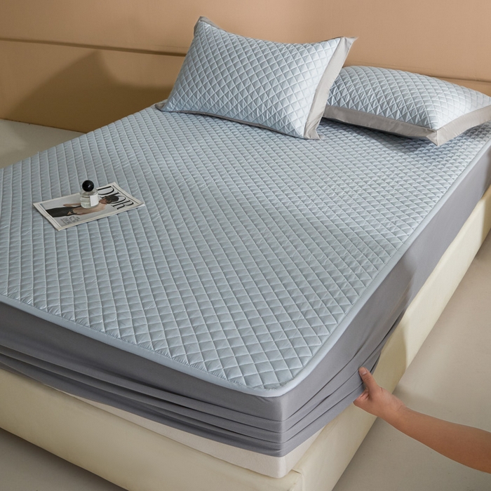 91家纺网 家纺一手货源 找家纺 由有家居 2025新品60S全棉长绒棉绗缝夹棉大豆纤维床垫床褥平铺款床笠款三件套 床笠-天清蓝