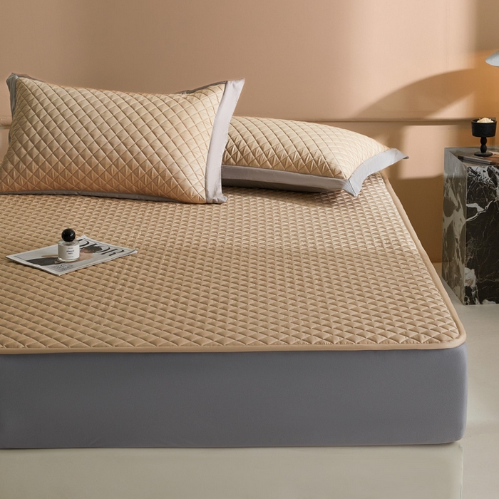 91家纺网 家纺一手货源 找家纺 由有家居 2025新品60S全棉长绒棉绗缝夹棉大豆纤维床垫床褥平铺款床笠款三件套 床笠-香槟咖