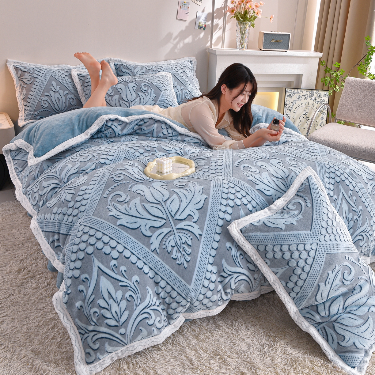 91家纺网 家纺一手货源 找家纺 （总）董成龙家纺 2025新款直播爆款牛奶绒四件套雕花压线款法莱绒四件套11