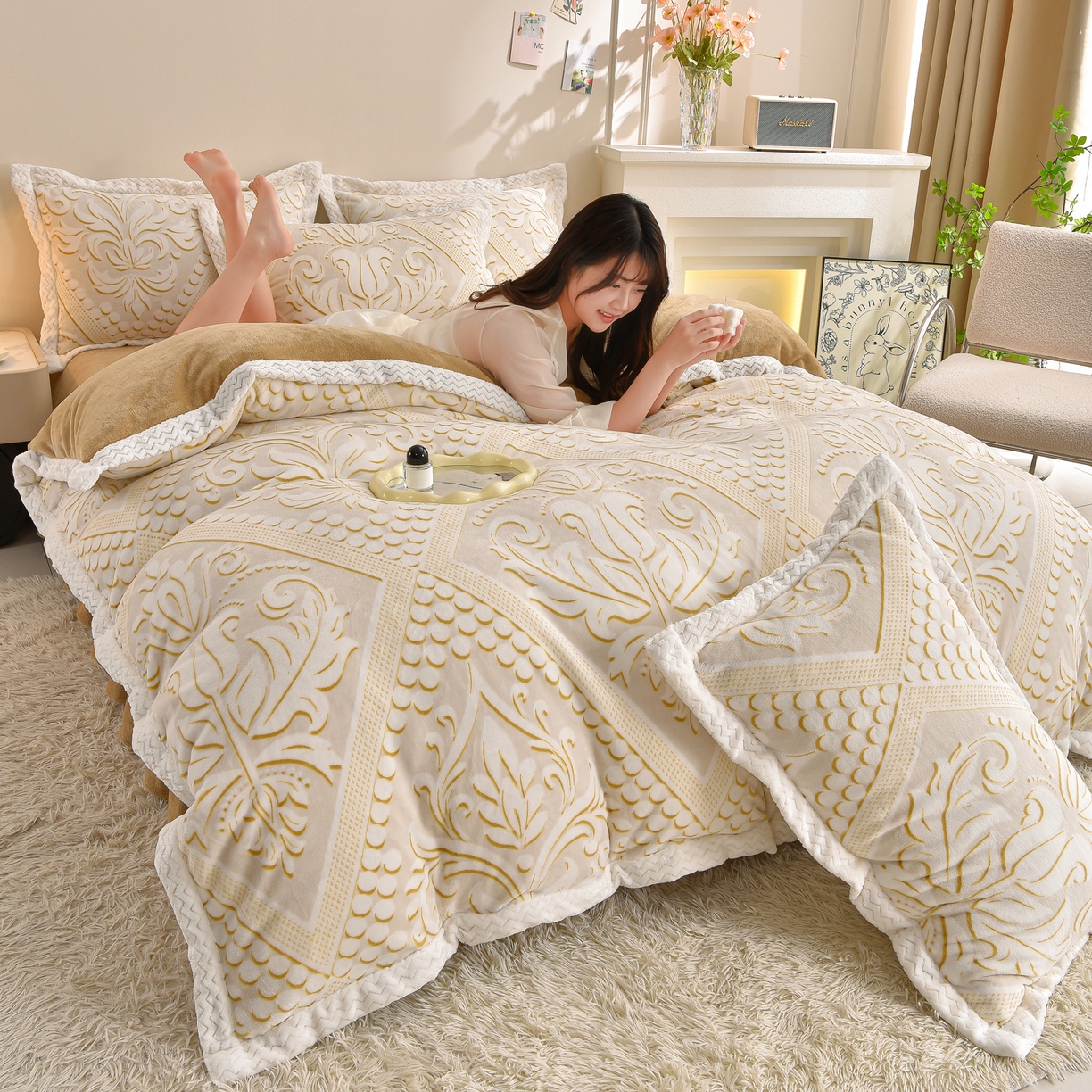 91家纺网 家纺一手货源 找家纺 （总）董成龙家纺 2025新款直播爆款牛奶绒四件套雕花压线款法莱绒四件套11