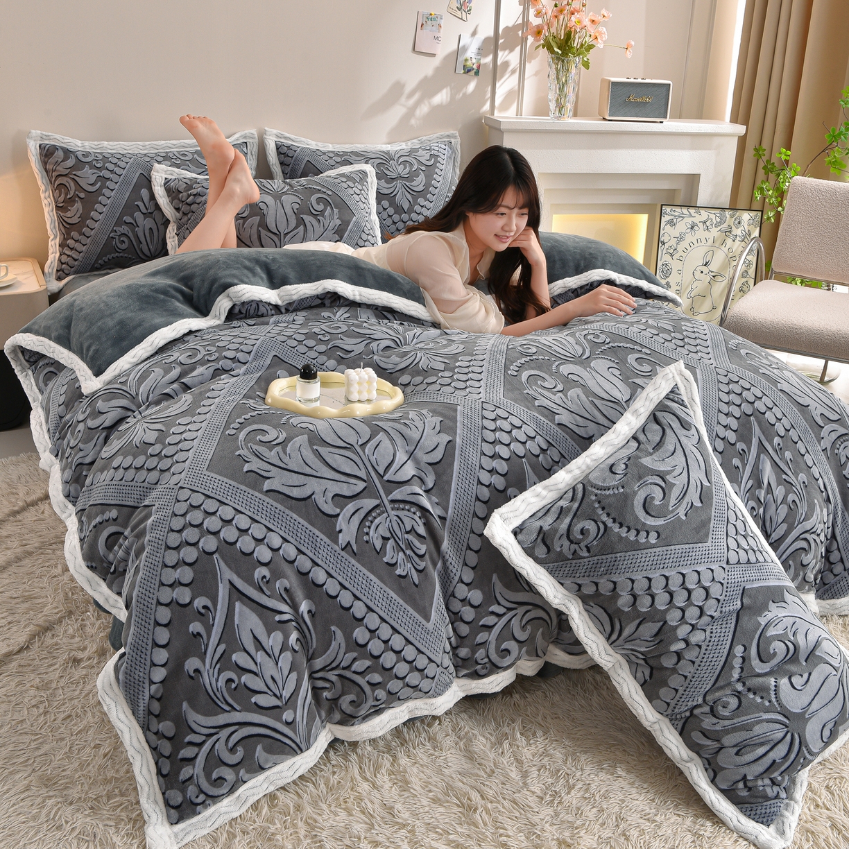 91家纺网 家纺一手货源 找家纺 （总）董成龙家纺 2025新款直播爆款牛奶绒四件套雕花压线款法莱绒四件套11