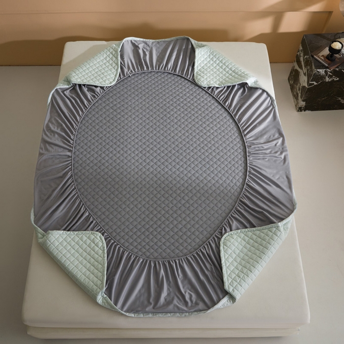 91家纺网 家纺一手货源 找家纺 由有家居 2025新品60S全棉长绒棉绗缝夹棉大豆纤维床垫床褥平铺款床笠款三件套 平铺-海盐绿