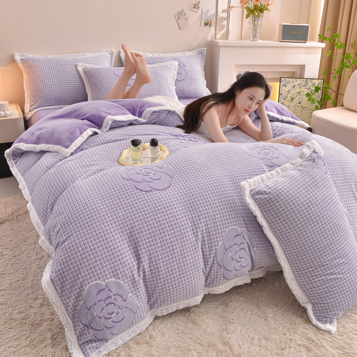 91家纺网 家纺一手货源 找家纺 （总）董成龙家纺 2025新款直播爆款牛奶绒四件套雕花压线款法莱绒四件套11