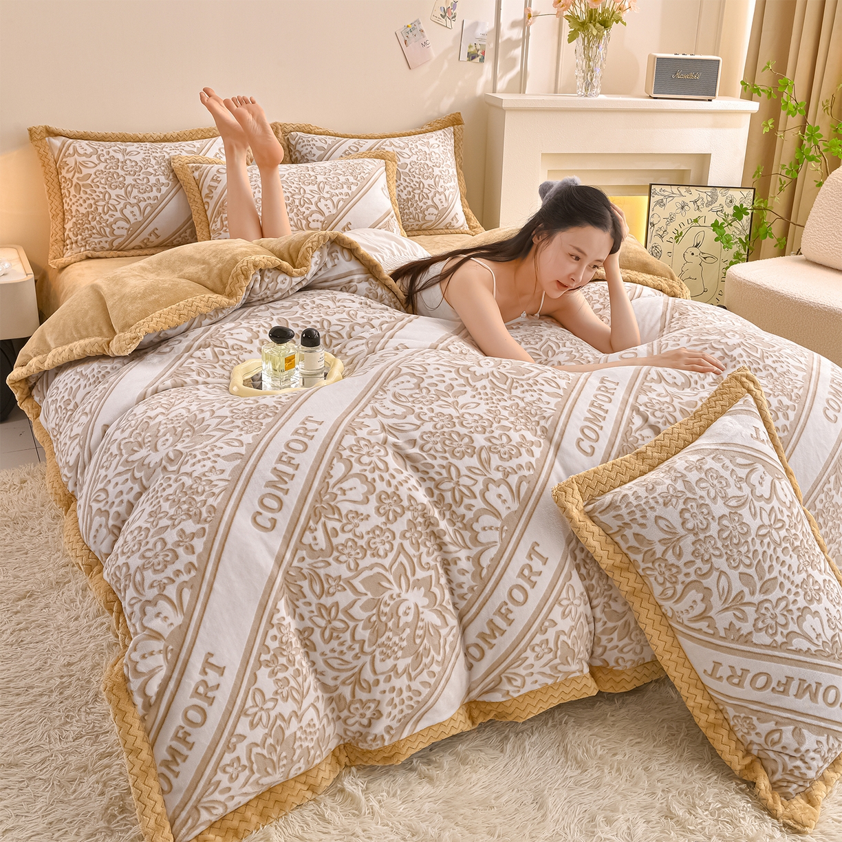 91家纺网 家纺一手货源 找家纺 （总）董成龙家纺 2025新款直播爆款牛奶绒四件套雕花压线款法莱绒四件套11