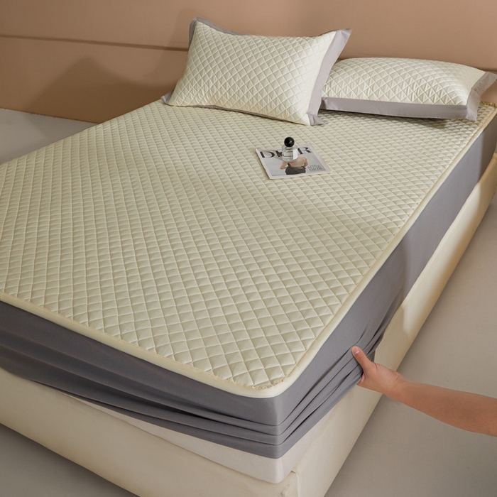 91家纺网 家纺一手货源 找家纺 由有家居 2025新品60S全棉长绒棉绗缝夹棉大豆纤维床垫床褥平铺款床笠款三件套 平铺-奶油米