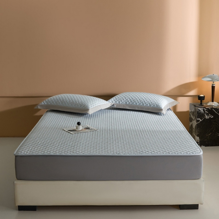 由有家居 2025新品60S全棉长绒棉绗缝夹棉大豆纤维床垫床褥平铺款床笠款三件套 平铺-天清蓝