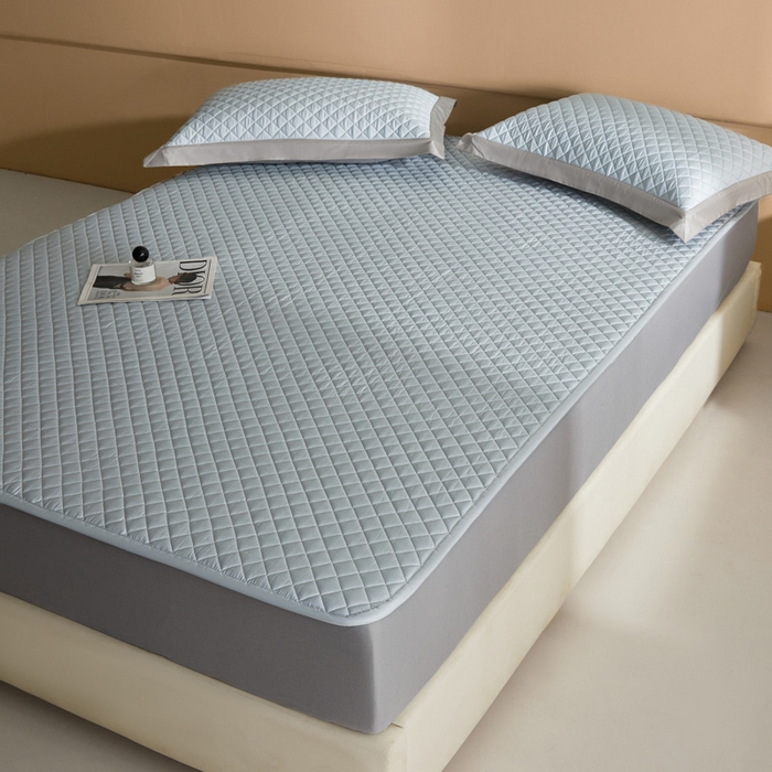 91家纺网 家纺一手货源 找家纺 由有家居 2025新品60S全棉长绒棉绗缝夹棉大豆纤维床垫床褥平铺款床笠款三件套 平铺-天清蓝