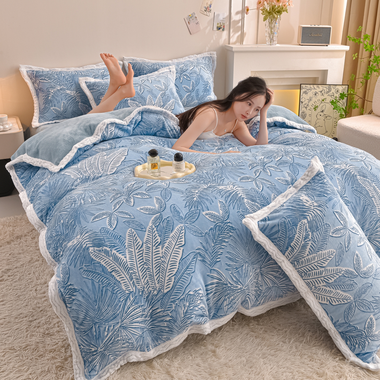 董成龙家纺 2025新款直播爆款牛奶绒四件套雕花压线款法莱绒四件套11 初语-富贵兰