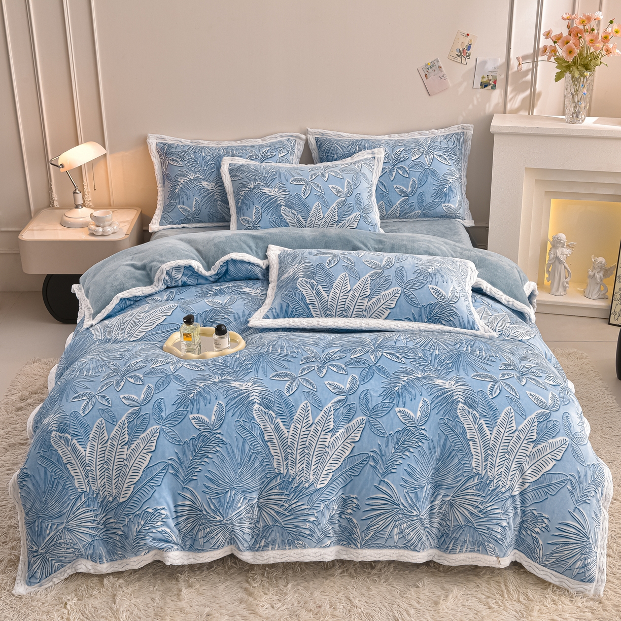 91家纺网 家纺一手货源 找家纺 董成龙家纺 2025新款直播爆款牛奶绒四件套雕花压线款法莱绒四件套11 初语-富贵兰