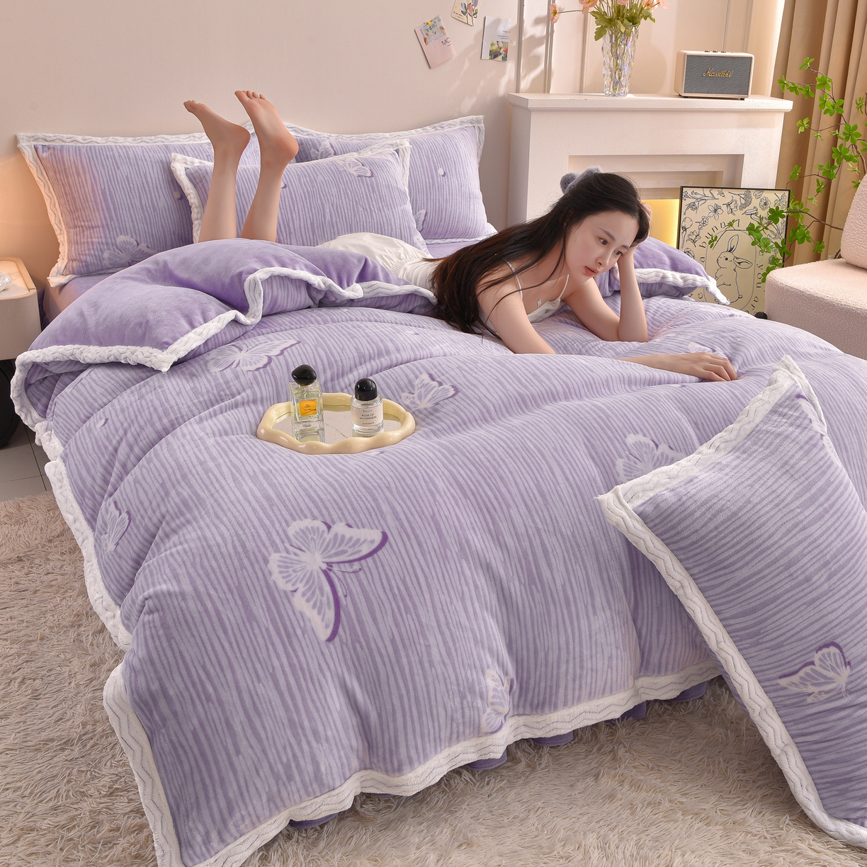 董成龙家纺 2025新款直播爆款牛奶绒四件套雕花压线款法莱绒四件套11 蝶舞-紫
