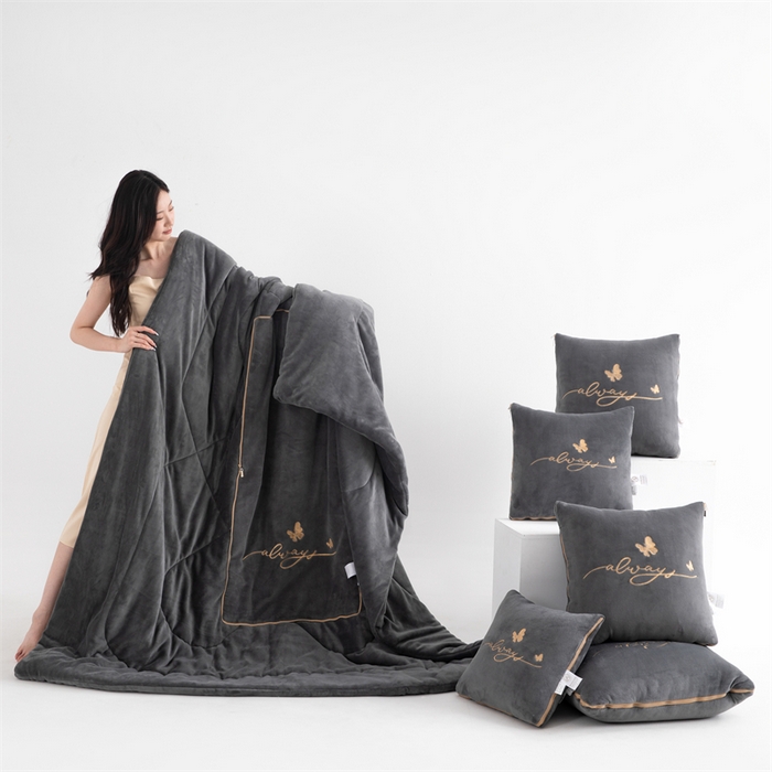 91家纺网 家纺一手货源 找家纺 照世家纺 2025新款蝶影相随牛奶绒多功能抱枕被（控价：不能低于以下：小79，中号99，大139，加大169，超大219.低于零售价的链接，一经发现直接投诉下架，感谢大家的支持） 蝶影相随-深灰