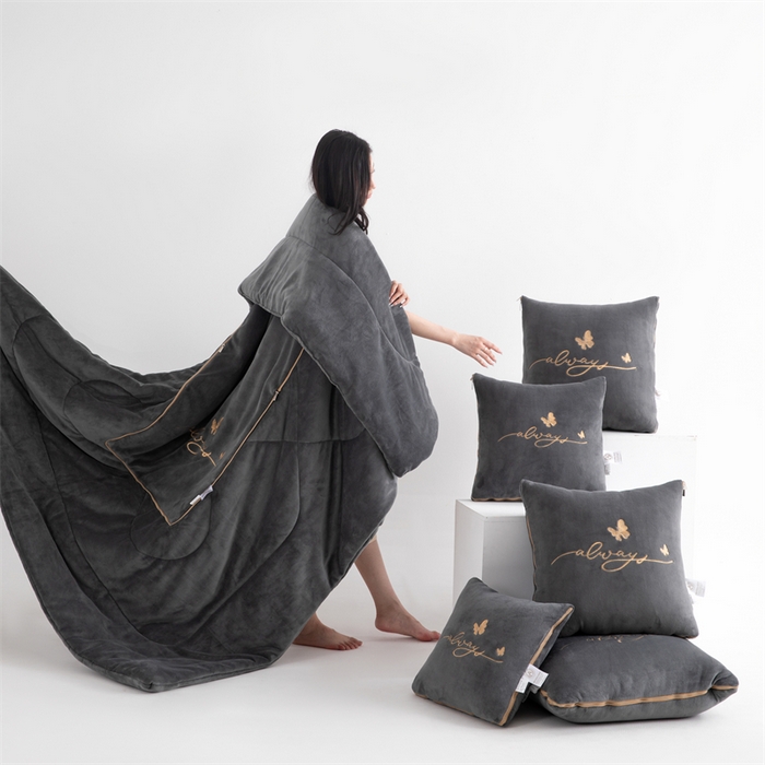 91家纺网 家纺一手货源 找家纺 照世家纺 2025新款蝶影相随牛奶绒多功能抱枕被（控价：不能低于以下：小79，中号99，大139，加大169，超大219.低于零售价的链接，一经发现直接投诉下架，感谢大家的支持） 蝶影相随-深灰