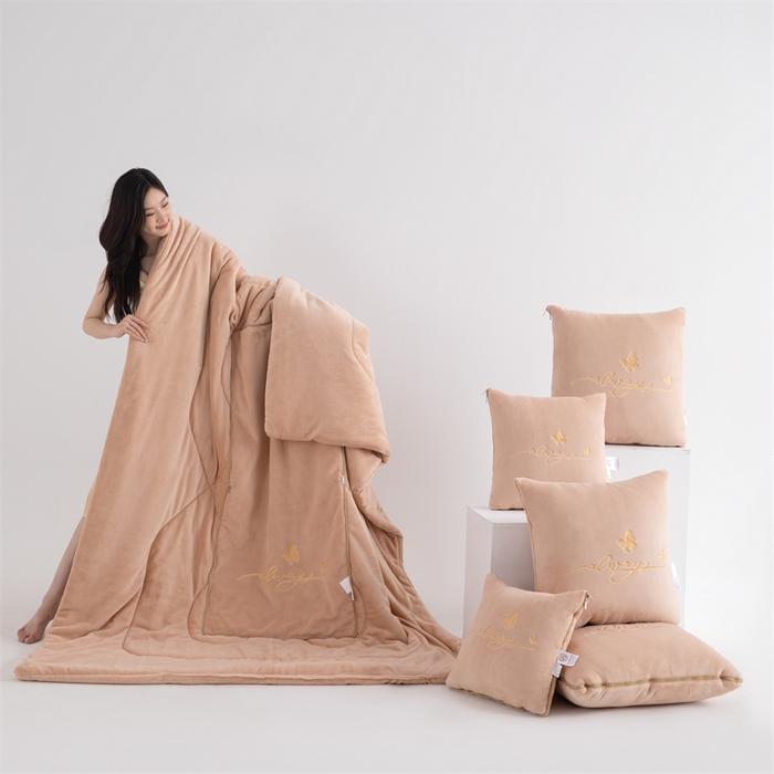 91家纺网 家纺一手货源 找家纺 照世家纺 2025新款蝶影相随牛奶绒多功能抱枕被（控价：不能低于以下：小79，中号99，大139，加大169，超大219.低于零售价的链接，一经发现直接投诉下架，感谢大家的支持） 蝶影相随-咖色