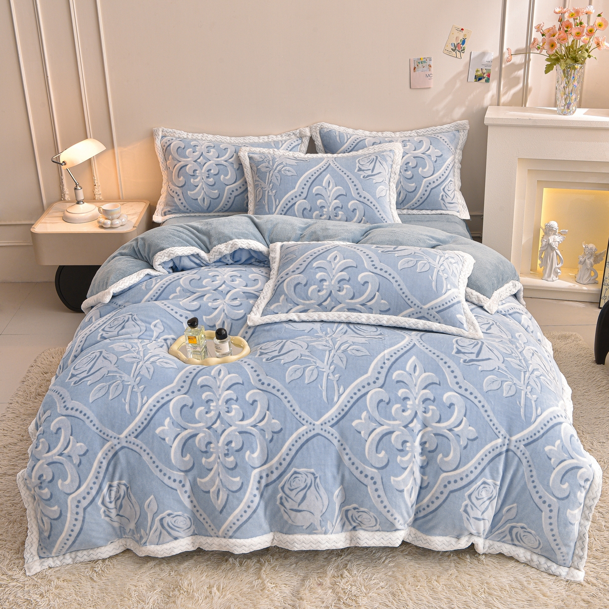 91家纺网 家纺一手货源 找家纺 董成龙家纺 2025新款直播爆款牛奶绒四件套雕花压线款法莱绒四件套11 欧雅-兰