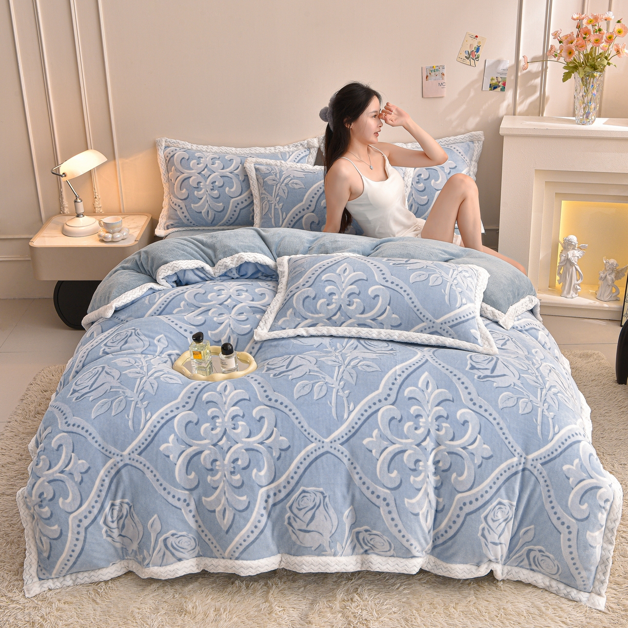 91家纺网 家纺一手货源 找家纺 董成龙家纺 2025新款直播爆款牛奶绒四件套雕花压线款法莱绒四件套11 欧雅-兰