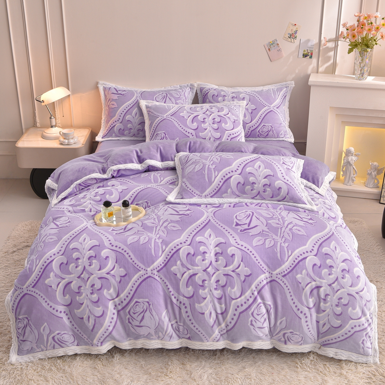 91家纺网 家纺一手货源 找家纺 董成龙家纺 2025新款直播爆款牛奶绒四件套雕花压线款法莱绒四件套11 欧雅-紫