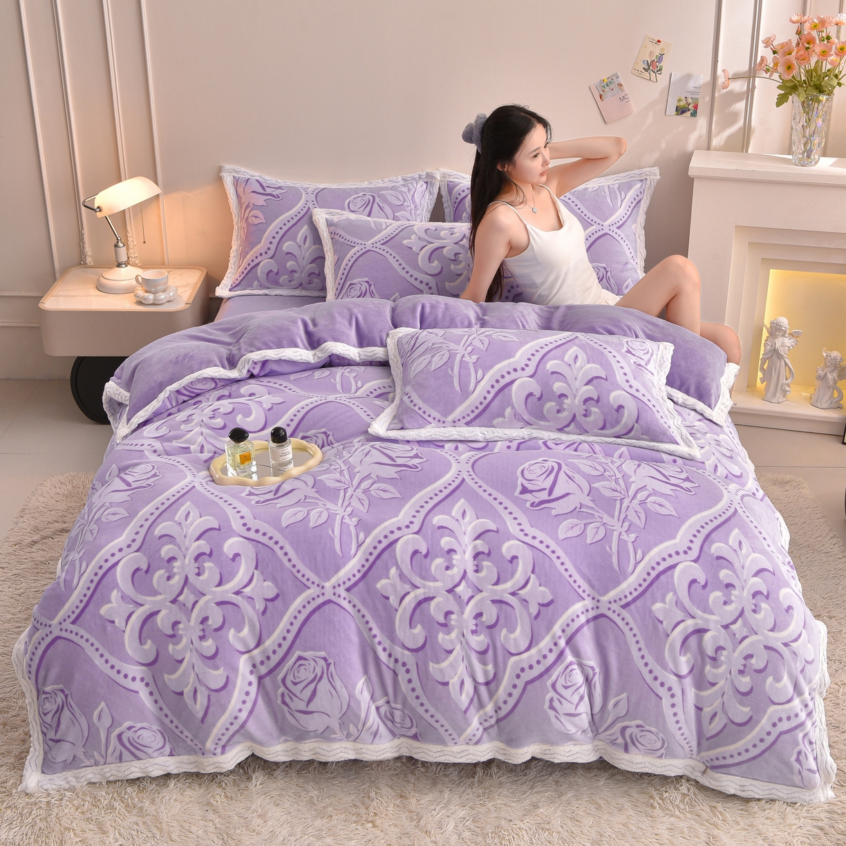 91家纺网 家纺一手货源 找家纺 董成龙家纺 2025新款直播爆款牛奶绒四件套雕花压线款法莱绒四件套11 欧雅-紫