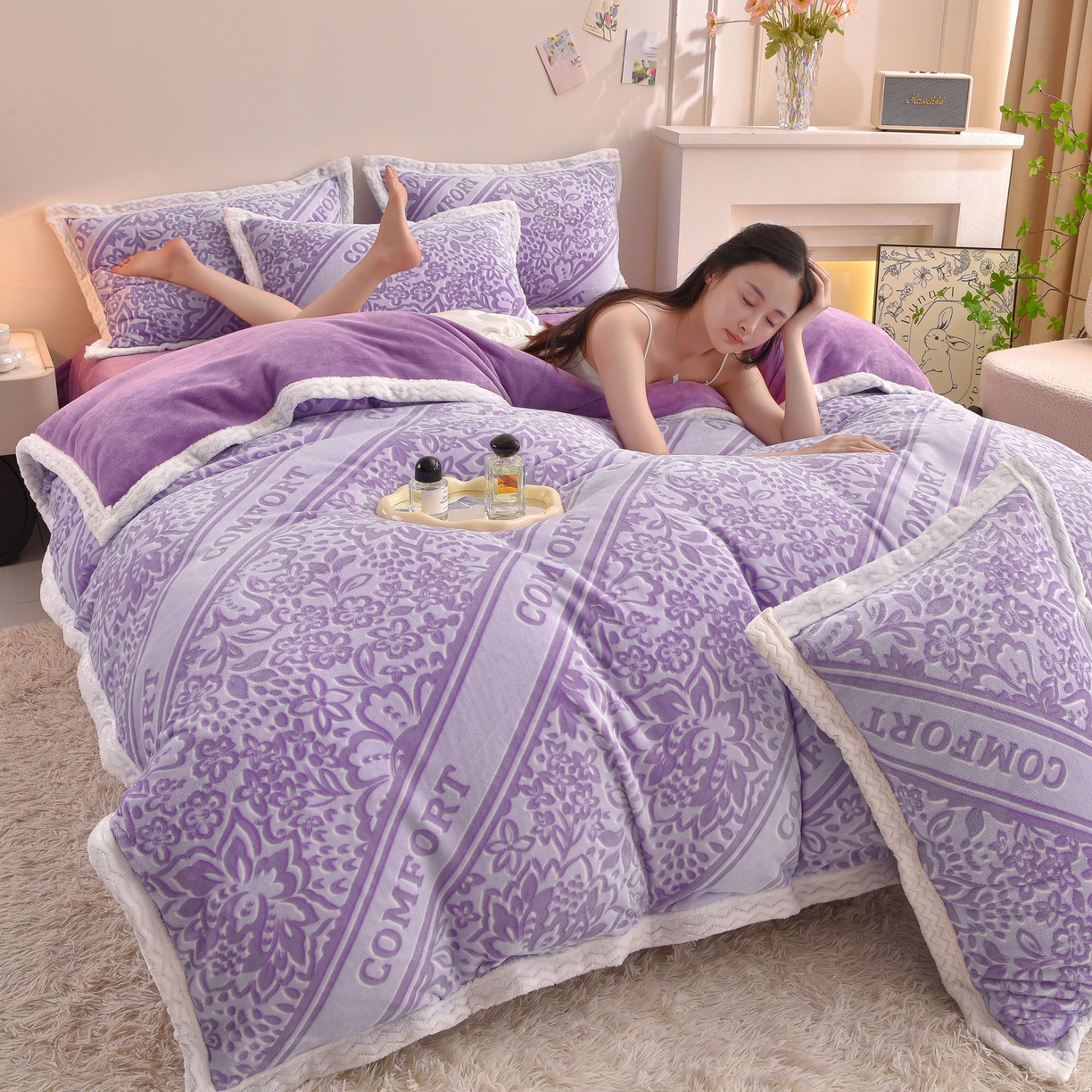董成龙家纺 2025新款直播爆款牛奶绒四件套雕花压线款法莱绒四件套11 盛世年华-紫