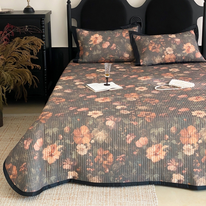 由有家居 2025新品多功能A类双面棉麻数码印花绗缝夹棉床盖三件套 墨香