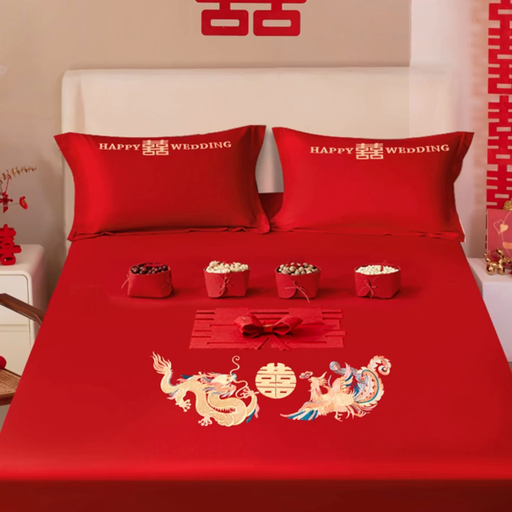 91家纺网 家纺一手货源 找家纺 卓缦 2024新款婚庆刺绣床笠系列 龙凤禧事