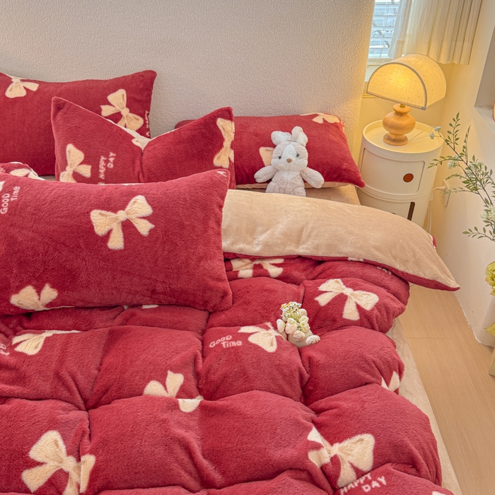 91家纺网 家纺一手货源 找家纺 小叮当家纺仓储工厂店 2025新款印花美拉德兔毛印花单被套 被套单件 大红蝴蝶结