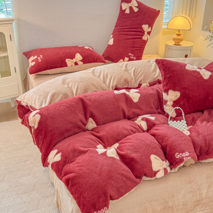 91家纺网 家纺一手货源 找家纺 小叮当家纺仓储工厂店 2025新款印花美拉德兔毛印花单被套 被套单件 大红蝴蝶结