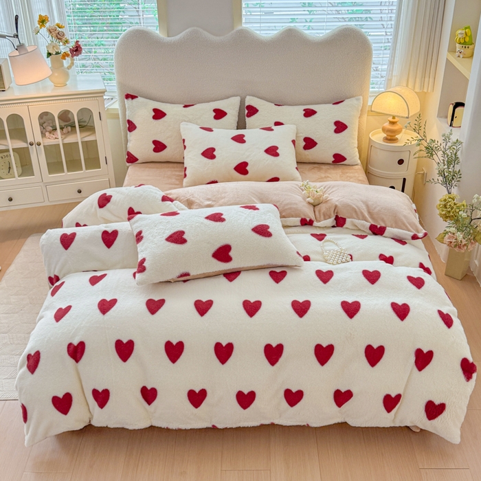 91家纺网 家纺一手货源 找家纺 小叮当家纺仓储工厂店 2025新款印花美拉德兔毛印花单被套 被套单件 红色爱心