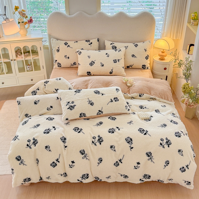 91家纺网 家纺一手货源 找家纺 小叮当家纺仓储工厂店 2025新款印花美拉德兔毛印花单被套 被套单件 暗夜玫瑰