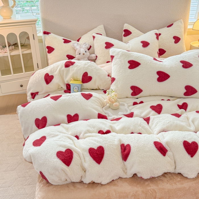 91家纺网 家纺一手货源 找家纺 小叮当家纺仓储工厂店 2025新款印花美拉德兔毛印花单被套 被套单件 红色爱心