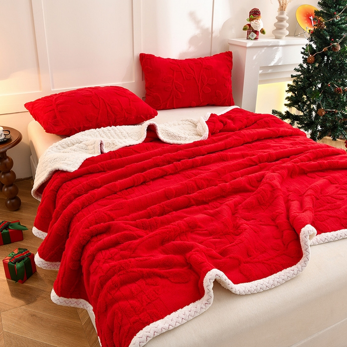 91家纺网 家纺一手货源 找家纺 圣楚家纺 2025新款塔芙绒叶语双层毯 叶语红