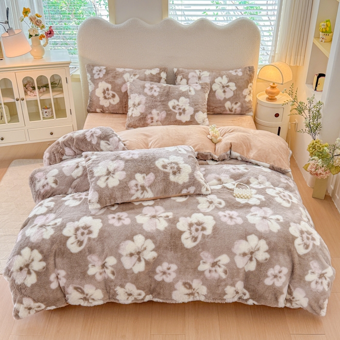 小叮当家纺仓储工厂店 2025新款印花美拉德兔毛印花四件套 繁花